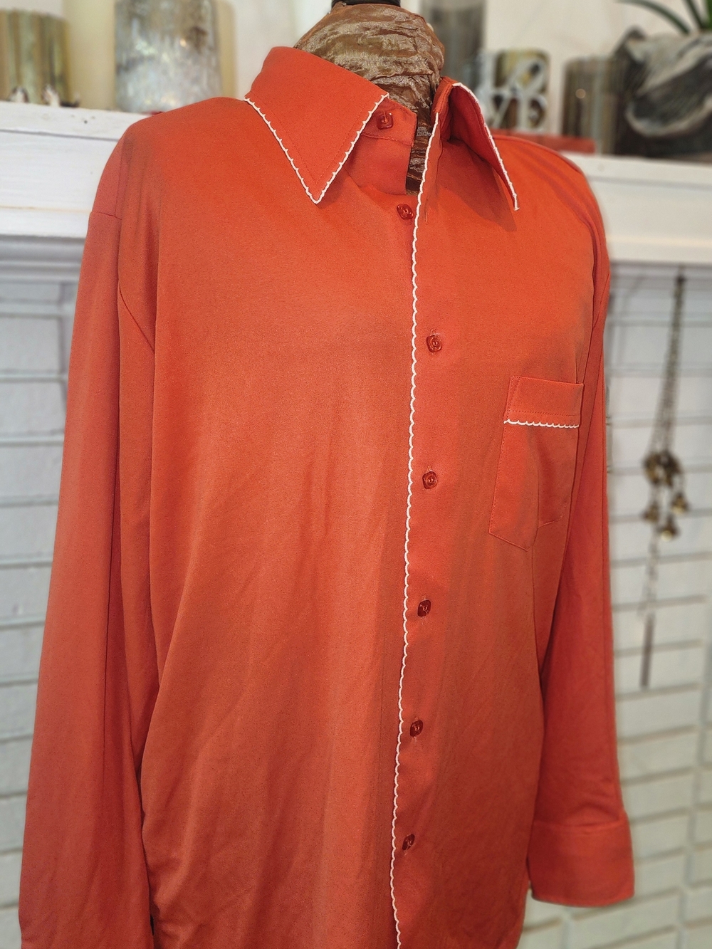 Men's Vintage 70s Orange Long-Sleeve Button-Down Shirt with White Scallop Trim L